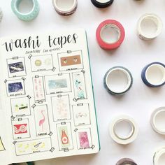 washi tape arranged on top of an open notebook with the words washi tape