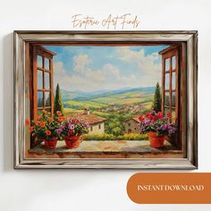 an image of a painting with flowers in pots on the window sill that says escape at first