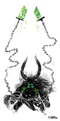 a drawing of a horned animal with chains around it's neck and two green eyes