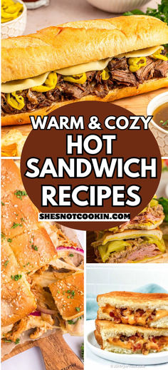 Photo collage of hot sandwiches with text overlay. Hearty Lunch Ideas, Hot Subs Sandwiches Ideas, Chicago Sandwich, Sandwich Dinner Ideas, Sub Sandwich Ideas, Hot Lunch Ideas, Amazing Sandwiches, Monte Cristo Sandwich Recipe, Sandwich Dinner