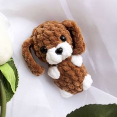 a stuffed dog sitting next to a white rose