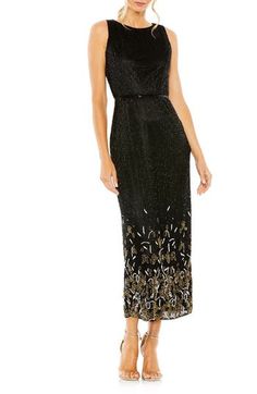 Be the topic of cocktail conversation in a columnar dress covered in glittering beadwork. 52" length Hidden back-zip closure Jewel neck Sleeveless Lined 100% polyester Spot clean Imported Asian & Pacific Islander Owned/Founded Elegant Sleeveless Evening Sequin Dress, Sleeveless Sequin Evening Dress For Holidays, Sheath Evening Dress With Sequins, Elegant Sleeveless Sequin Dress With Contrast Sequin, Glamorous Embellished Sheath Evening Dress, Holiday Sleeveless Evening Dress With Contrast Sequin, Sleeveless Sequin Dress For Formal Holiday Events, Formal Sleeveless Sequin Dress For Holiday, Holiday Contrast Sequin Sleeveless Evening Dress