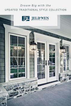 an image of a front door with windows and lights on the side of the house