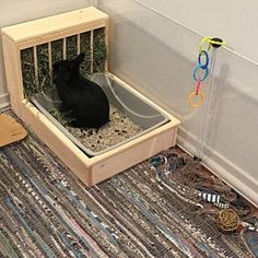 a black cat sitting in a wooden cage on the floor next to a pile of toys