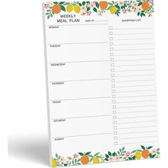 the weekly meal plan with oranges and flowers on it