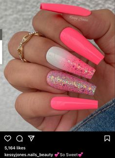 Bright Glitter Nails Summer, Bright Summer Acrylic Nails Glitter, Nail Nail Designs, Ideas Uñas, Barbie Nails, Feather Nails, Pink Glitter Nails, Hot Pink Nails, Fall Nail Art Designs