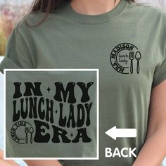 Personalized Lunch Lady T shirt makes the perfect shirt for the lunchroom worker on the first day of school! In the personalization box, enter the name you would like on the front inside the plate. (Ex: Ms. Madison) T-shirt: This is made with the Bella & Canvas 3001 classic unisex jersey short sleeve tee.  It fits like a well-loved favorite, soft cotton and quality print make users fall in love with it over and over again. These t-shirts have-ribbed knit collars to bolster shaping. The shoulders Sweet Lady Shirt, Lunch Lady Tshirt Ideas, Lunch Lady Gift Ideas, Lunch Lady Christmas Shirts, Lunch Lady Shirts Ideas, Lunch Lady Gifts, Lunch Lady Shirts, Ladies Lunch, Lunch Lady