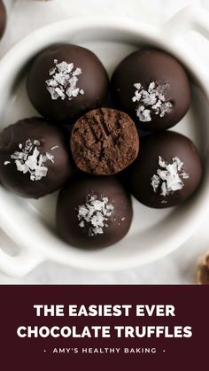 chocolate truffles in a white bowl with text overlay