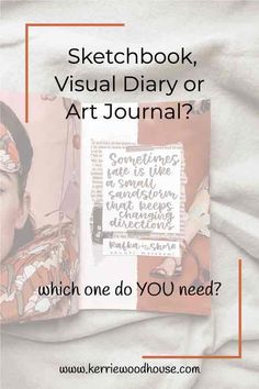 a woman reading a book with the words sketchbook, visual diary or art journal which one do you need?