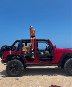 a man sitting on top of a red jeep with a dog in the back seat