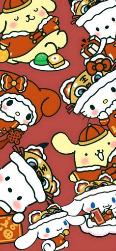 a group of cartoon cats eating food together on a red background with white and orange colors