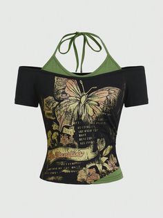 Western Retro Butterfly Printed Off Shoulder Halter Color Block Slim Fit Women's T-Shirt, School Green Casual  Short Sleeve Knitted Fabric Animal  Medium Stretch  Women Clothing, size features are:Bust: ,Length: ,Sleeve Length: Popular Shirts For Women, Off Shoulder Tee Shirt, Y2k T-shirts, Retro Butterfly, Butterfly Shirts, Girl Fits, Shoulder Shirts, Really Cute Outfits, Style Streetwear