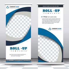 two roll up banners with blue and white designs