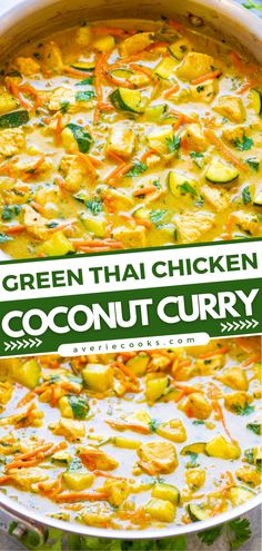 the green thai chicken coconut curry is in a large white bowl on top of a table