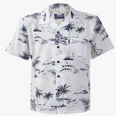 Mens Hawaiian Cotton Aloha Shirt, Short Sleeves Button White Collared Shirt For Beach, White Collared Beach Shirt, White Shirt With Button Closure For Vacation, White Short Sleeve Beach Shirt With Button Closure, White Button-closure Shirt For Vacation, White Hawaiian Shirt With Button Closure For Vacation, White Hawaiian Shirt With Palm Tree Print For Vacation, White Cotton Camp Shirt For Vacation, White Short Sleeve Camp Shirt For Beach