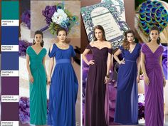 three different color schemes for bridesmaids in purple, blue and teal tones