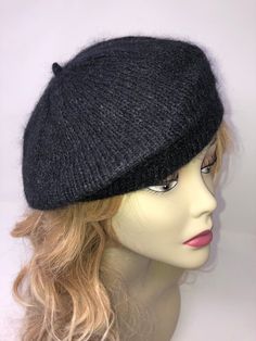 Hand-Knitted Beret/Hat Wool Silk Mohair blend, Black Classic Black Knitted Hat, Classic Winter Beret One Size, Classic Fitted Beret For Winter, Winter Black Mini Hats One Size, Classic Fitted Winter Beret, Black Mini Hats One Size For Winter, Winter Brimmed Beret One Size Fits Most, Black Winter Beret, Classic Knitted Hats One Size