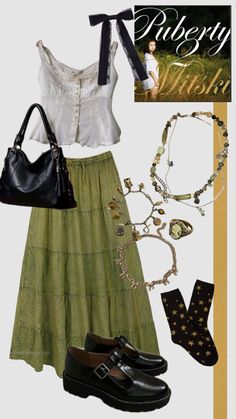 Mitski concert outfit inspired by puberty 2 #mitski #mitskishuffle #puberty2 #outfit #concert #album #music #gold #green Outfit Concert, Slay Outfits, Gold Outfit, Earthy Outfits, Boho Style Outfits, Fashion Aesthetics