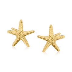 Ross-Simons - 14kt Yellow Gold Starfish Stud Earrings. A favorite among beach-goers, our textured 14kt yellow gold starfish stud earrings are charming, and keep the subtle spirit of summer in your wardrobe all year long. Post/clutch, 14kt yellow gold starfish stud earrings. Gold Star-shaped Earrings For Beach, Elegant Yellow Gold Earrings With Starfish Charm, Yellow Gold Starfish Ocean-inspired Jewelry, Yellow Gold Starfish Earrings With Starfish Charm, Starfish Earrings Studs, Nickel-free Gold Starfish Earrings, Gold Sand, Starfish Earrings, Starfish Pendant