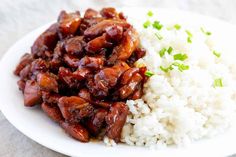 a white plate topped with rice and meat next to green onions on top of it