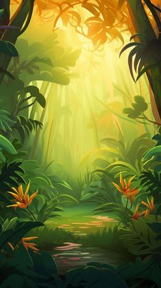 an image of a jungle scene with sunlight coming through the trees