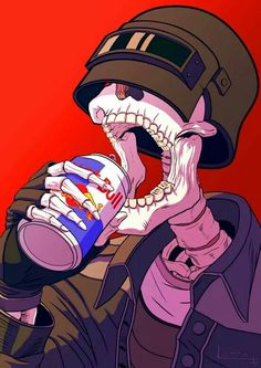 a cartoon character drinking from a can with his mouth open and teeth out, while wearing a helmet