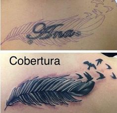 before and after photos of a tattoo on the back of a woman's shoulder