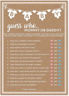 a baby shower game with clothes hanging on a line and the words guess who, mommy or daddy?