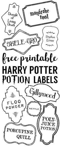 harry potter labels are shown in this black and white image, with the words free printable