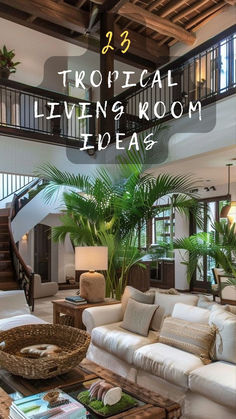 a living room filled with white furniture and lots of plants on top of the coffee table