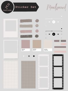 a set of different types of stickers and labels on a gray background with text