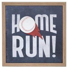 a sign that says home run with a baseball on it