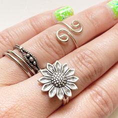 Sunflower Ring Flower Floral Jewelry Silver Ring Gift for Women Vintage Adjustable Flower Ring For Spring, Adjustable Vintage Flower Ring For Spring, Silver Bohemian Rings For Spring, Adjustable Sunflower Design Flower Ring, Adjustable Sunflower Design Flower Ring Gift, Bohemian Adjustable Flower Ring For Spring, Adjustable Silver Flower Ring, Adjustable Metal Flower Ring, Adjustable Flower Shaped Metal Ring