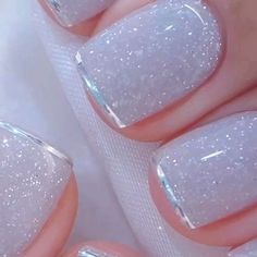 Nails For Grey Dress, White Nails Square, Silver Tip Nails, White Nails With Glitter, Bride Nails, Nail Designs Glitter, Sparkly Nails, January 12, Dipped Nails