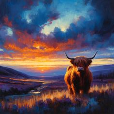 a painting of a bison standing in a field at sunset