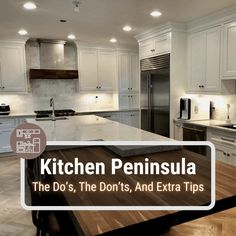 a kitchen with white cabinets and wooden counter tops, along with the words kitchen peninsula