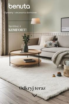 a living room filled with furniture and a white rug on top of a hard wood floor