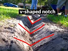 two people are standing in the grass near a road that has been dug up and is labeled v - shaped noth