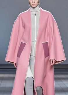 Handmade Pink V Neck Patchwork Woolen Trench FallFabric: WoolenSize & Fit: Fit: This garment fits true to size.Length: Size L measures 42.9"from shoulder to hemBust: Great for any cup size. Waist: Loose Fit. Comfortable room throughout midsection.Hip: Loose Fit - room for hips. Hand Wash Cold.