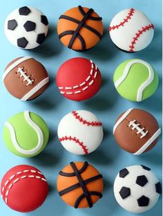 many different types of cakes decorated with sports balls