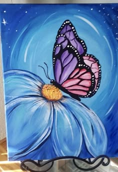 a painting of a butterfly on a blue flower with stars in the sky behind it