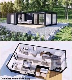 two pictures showing the inside and outside of a home made out of shipping containers,