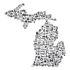 the michigan map made up of many different things in black and white, including symbols