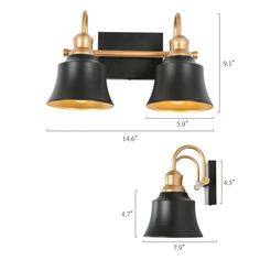 two lights are shown with measurements for the wall light and one is in gold, black or