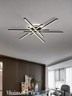 the modern ceiling light is suspended in an open living room