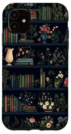 an iphone case with bookshelves and flowers on the shelves in front of it