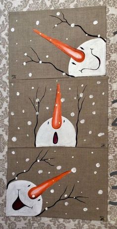 three paintings of snowmen with carrots on them