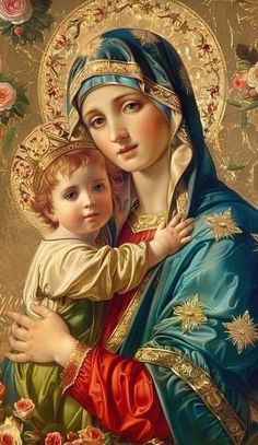 a painting of the virgin mary holding a child in her arms with roses around it