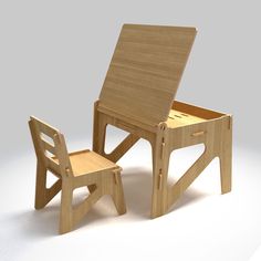 a wooden chair and desk made to look like an easel with the seat up