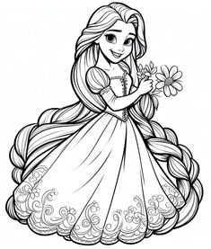 disney princess coloring pages for kids to print out and color on the page with flowers